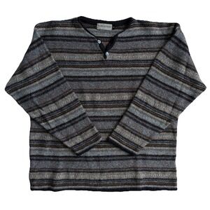 Yarn Works Sweater Mens XL Brown Gray Striped Wool Mohair Henley Knit Earthy